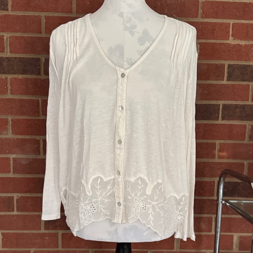 Lucky Brand Cream Button Down Shirt with Lace Hem